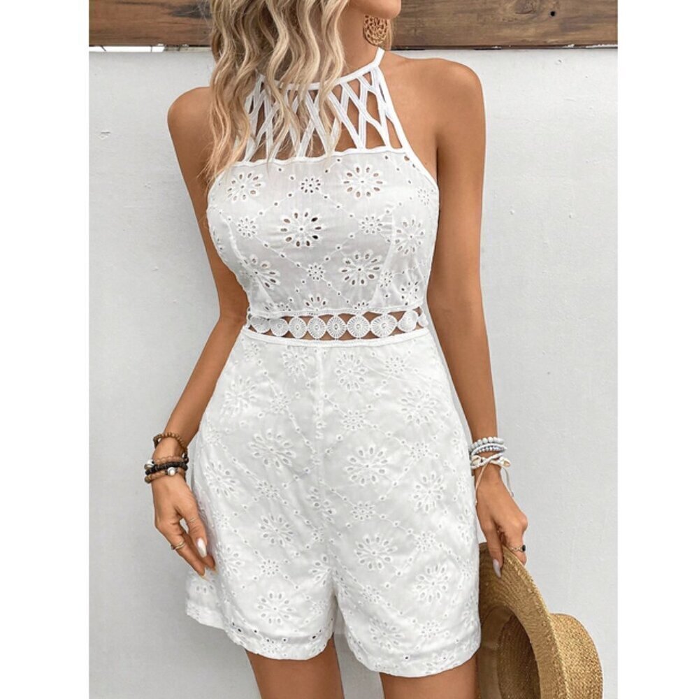 White Boho Women's Hollow Out Embroidered Waist Cinched Sleeveless Romper - Picture 1 of 6